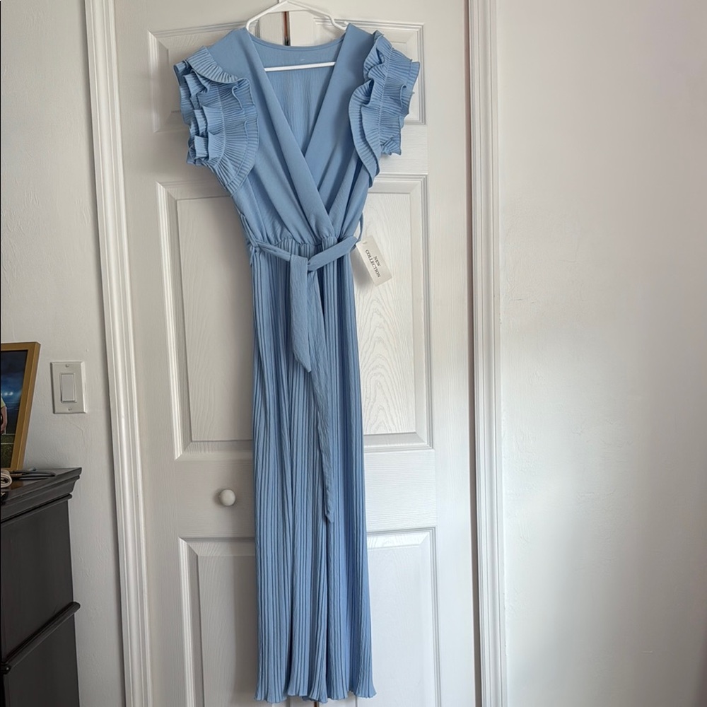 Elegant Blue Ruffle Sleeve Maxi Dress